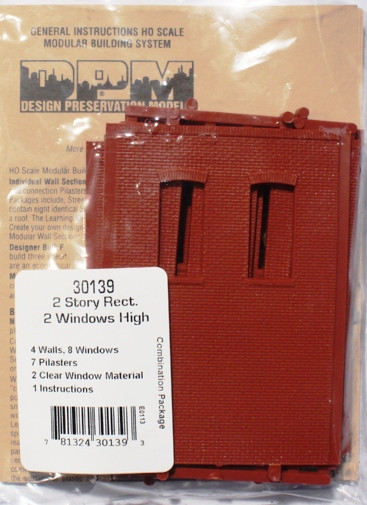 HO - 4 Two Story Wall, 2 Rectangular Windows :"Modular System" DPM-30139