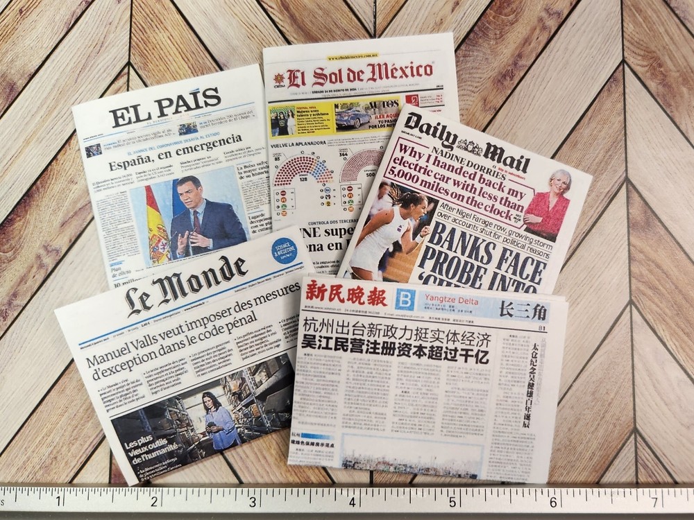 1/6 SCALE Miniature International Newspapers FIVE (5)