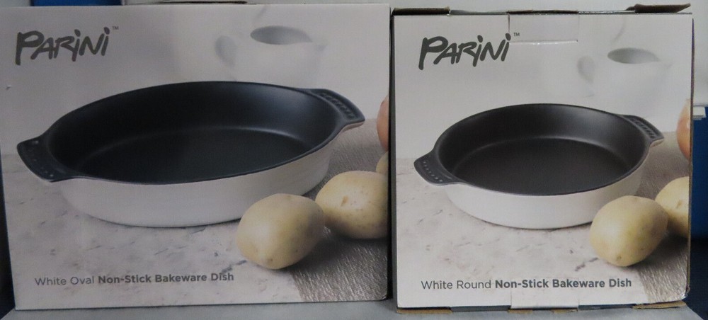 NIB NEW PARINI WHITE ROUND & WHITE OVAL NON-STICK BAKEWARE DISHES. INCLUDES BOTH