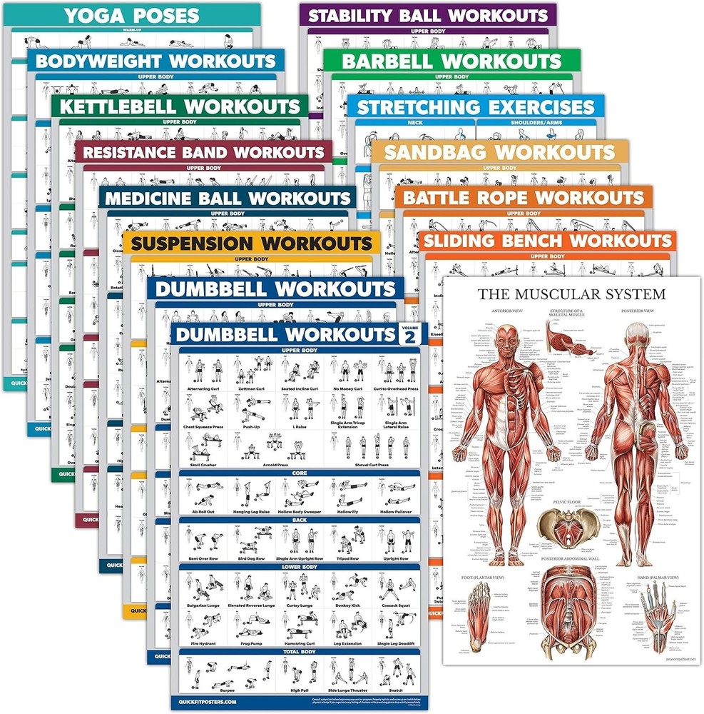 15 Pack Exercise Poster Set Dumbbell Suspension Kettlebell Resistance Bands