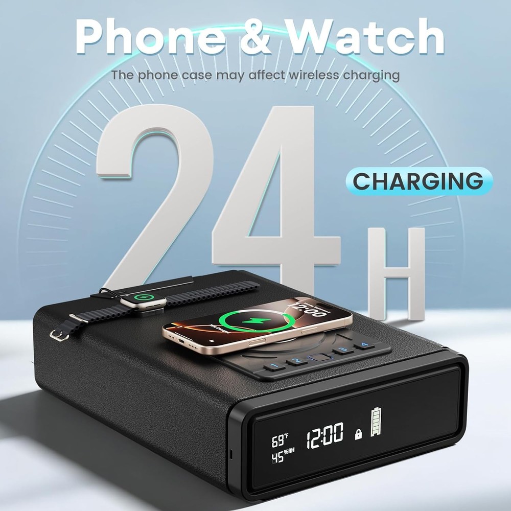Biometric handgun safe: 3 unlocking methods, wireless charging.