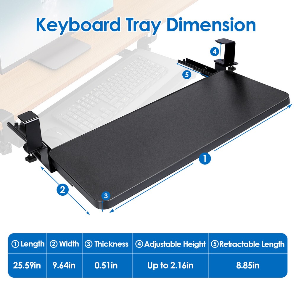 25*9" Adjustable Keyboard Tray Under Desk Pull Out Keyboard Mouse Tray w/C Clamp