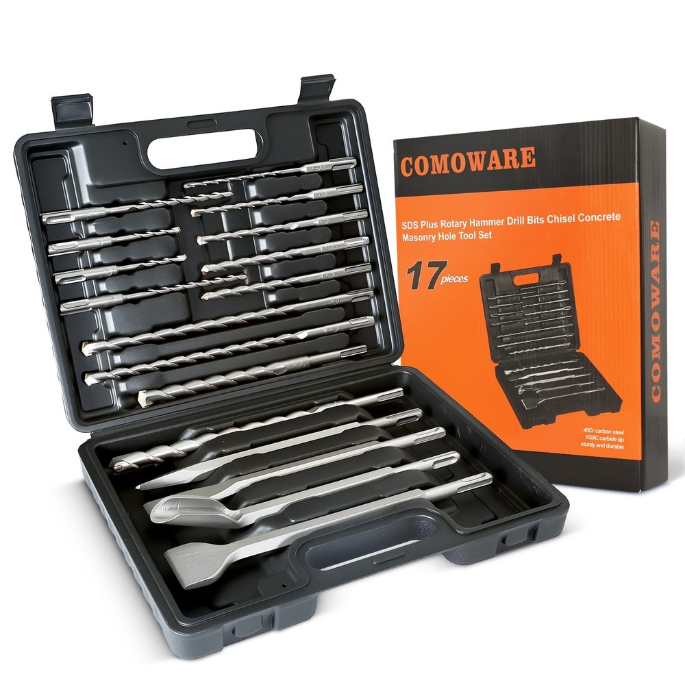 COMOWARE Rotary Hammer Drill Bits Set & Chisels- SDS Plus Concrete 17CS