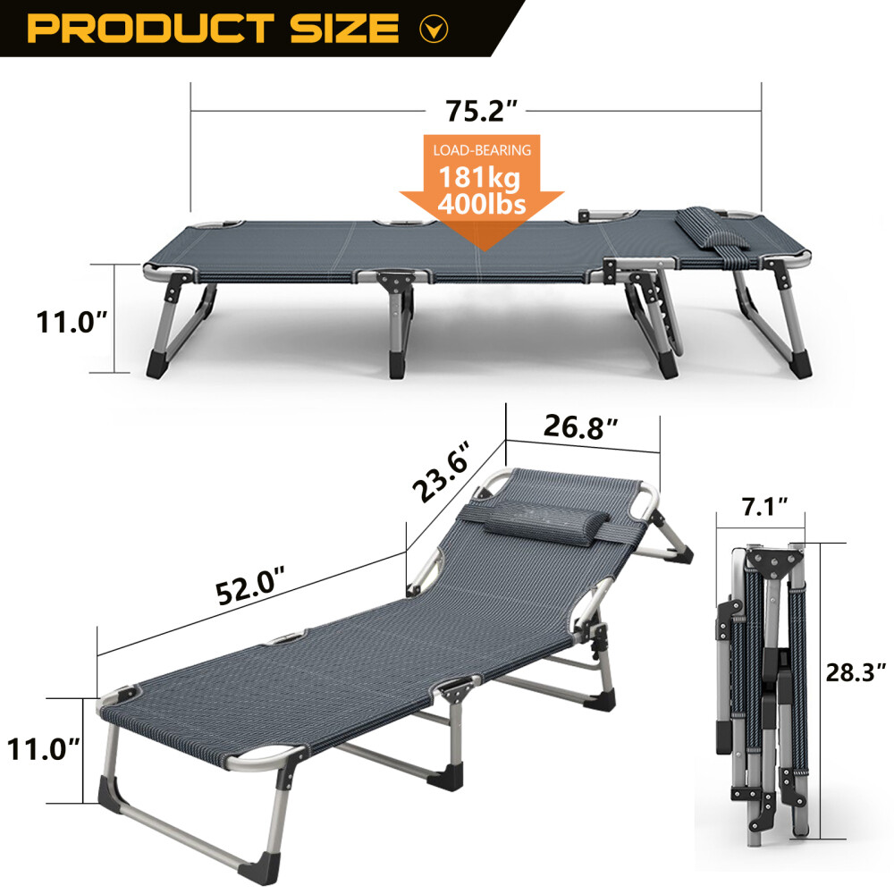 Slsy Adjustable 4-Position Folding Camping Cot Sleeping Cots W/Mat & Headrest