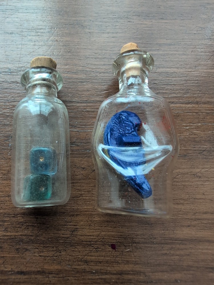 2 Tiny Tiny Bottles With Bird And Dice Inside