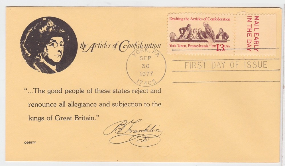 TurtlesTradingPost- Articles Confederation #1726 1977 ODDITY FDC - Mail Early