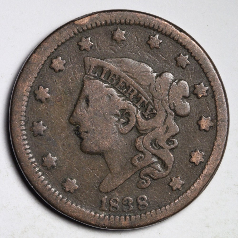 1838 Coronet Head Large Cent CHOICE VF E224 YNL
