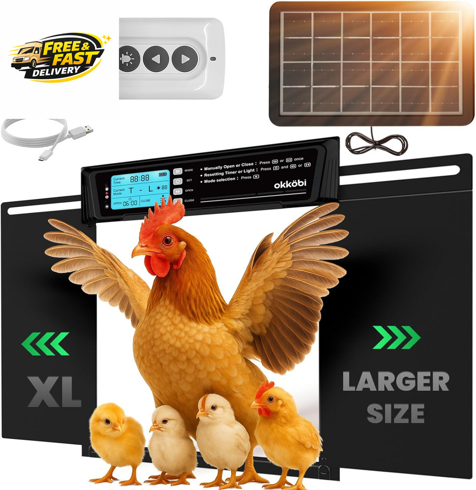 Extra Large Coop Door Solar Powered with Remote - LCD Display, Light Sensor, Tim