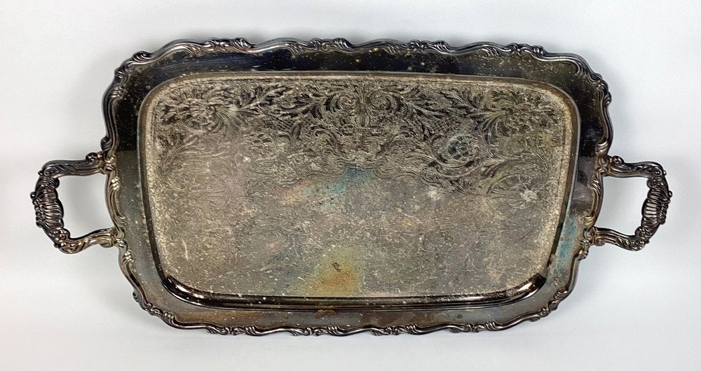 Large Vintage Footed Double Handle Silver Plated Serving Tray