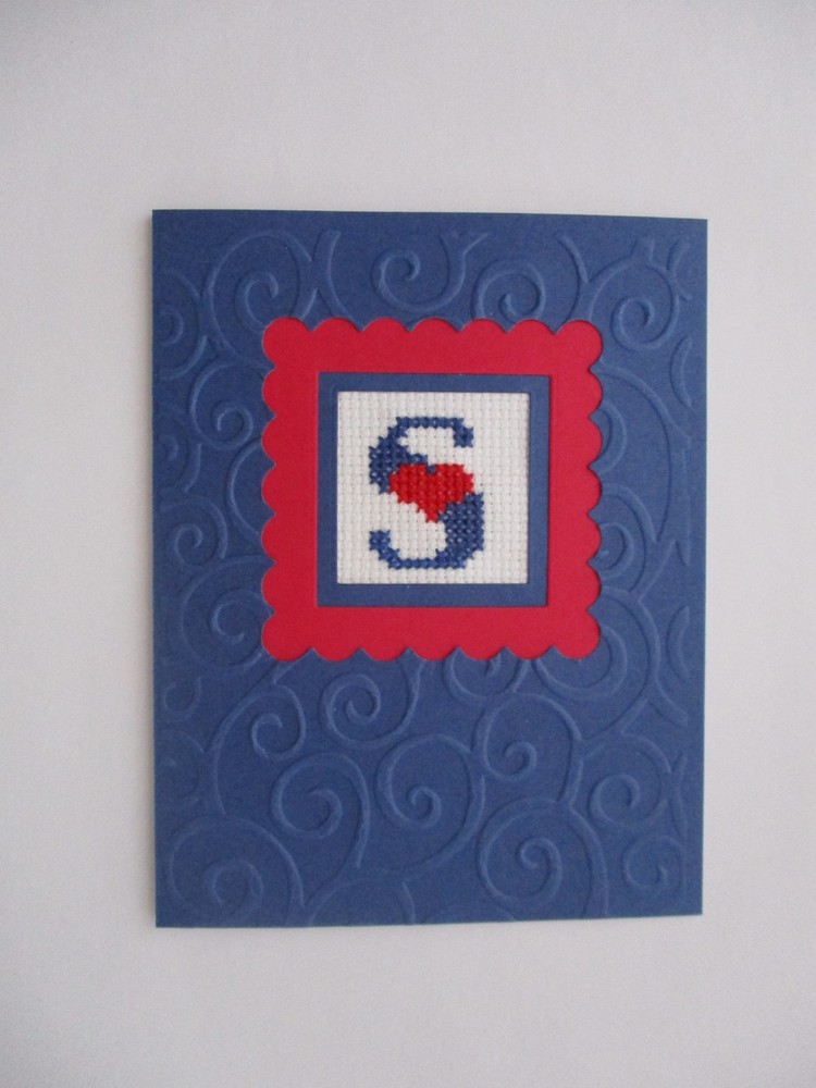 Handmade Greeting Card Cross Stitch Completed Finished Monogram S