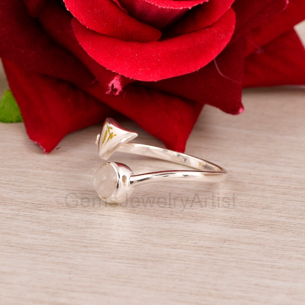 Natural Rainbow Moonstone Arrow Ring 925 Sterling Silver Adjustable Minimal Ring
