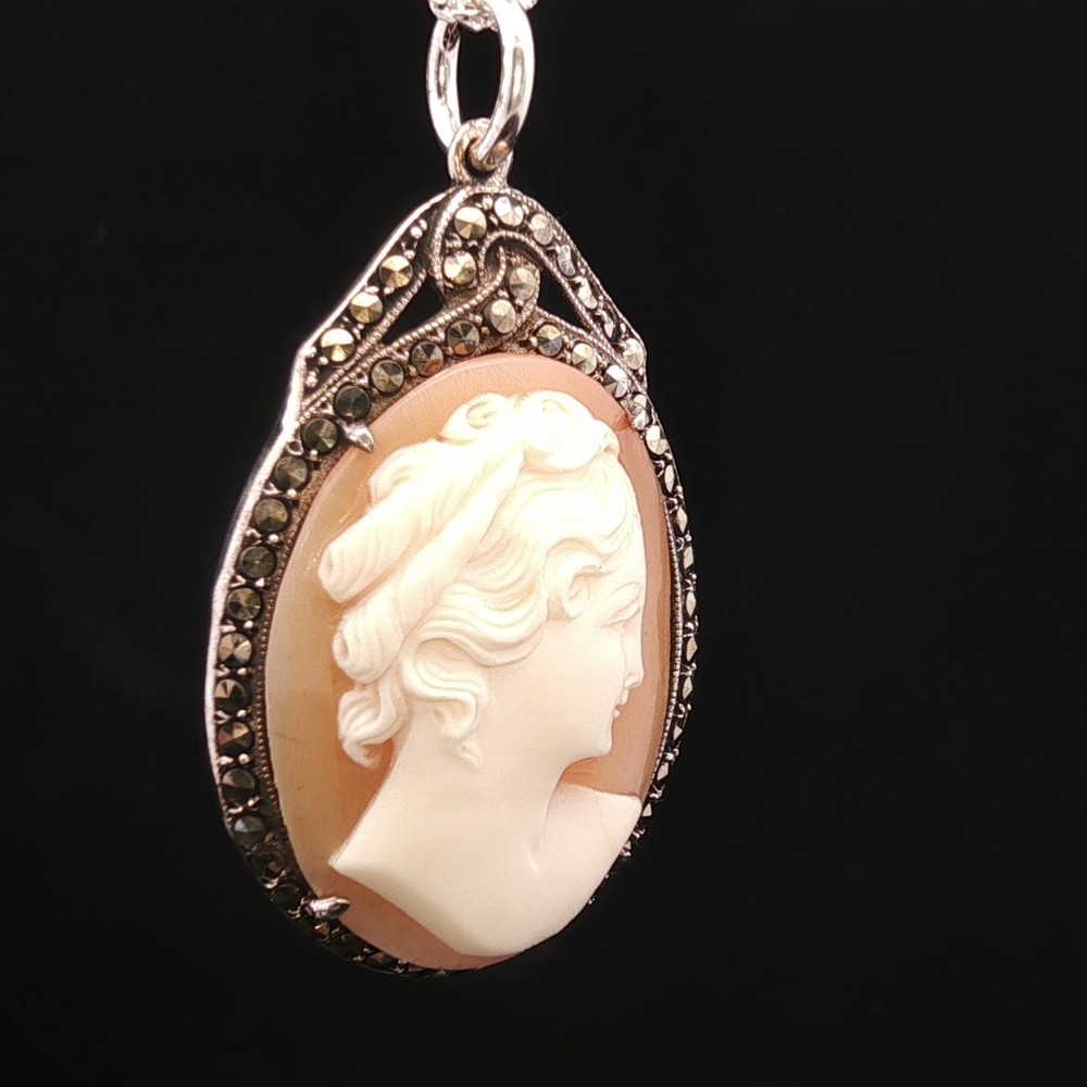 Graceful Charm – Silver Marcasite & Shell Cameo Pendant