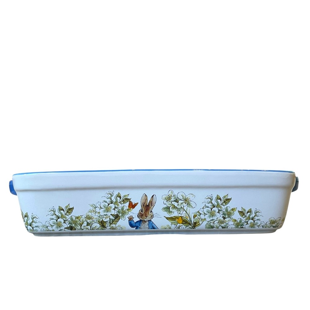 Beatrix Potter Peter Rabbit Rectangular Ceramic Baker Blue Rim Easter NEW