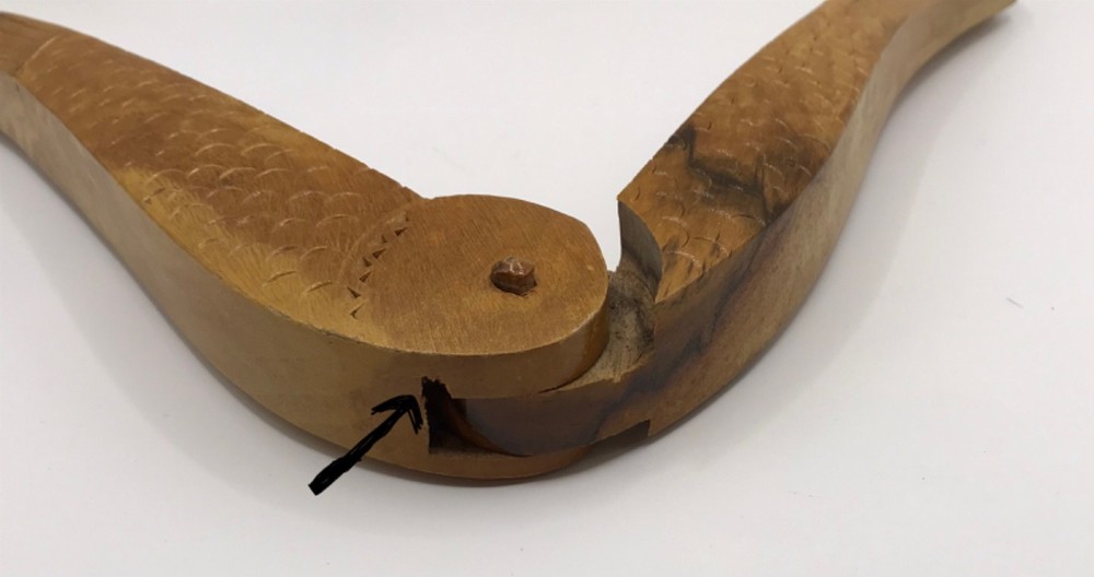 VTG Hand Carved Solid Wood Fish Shape Double Nut Cracker 8" Decorative Textured