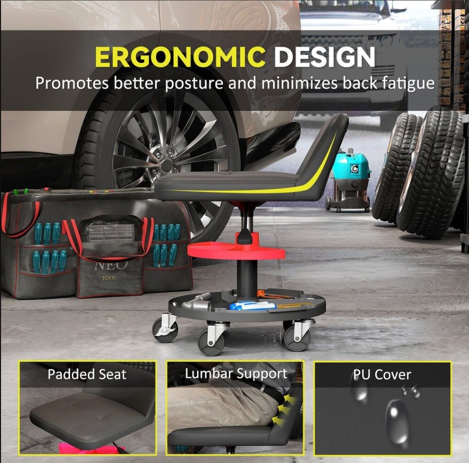 HOMCOM Rolling Mechanic Stool, 300 LBS. Capacity Garage Stool, Black