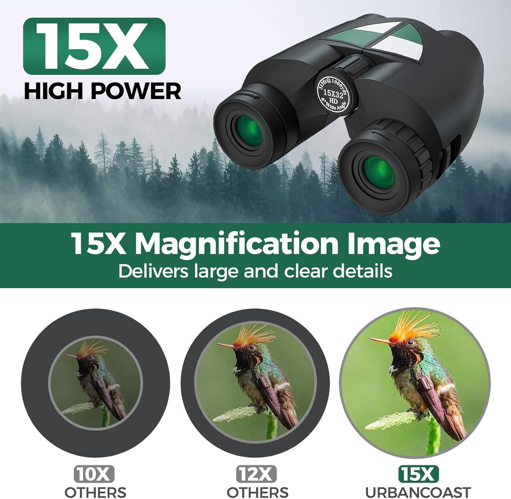 15X32 Compact Binoculars for Adults, High Power Lightweight Small Binoculars wit