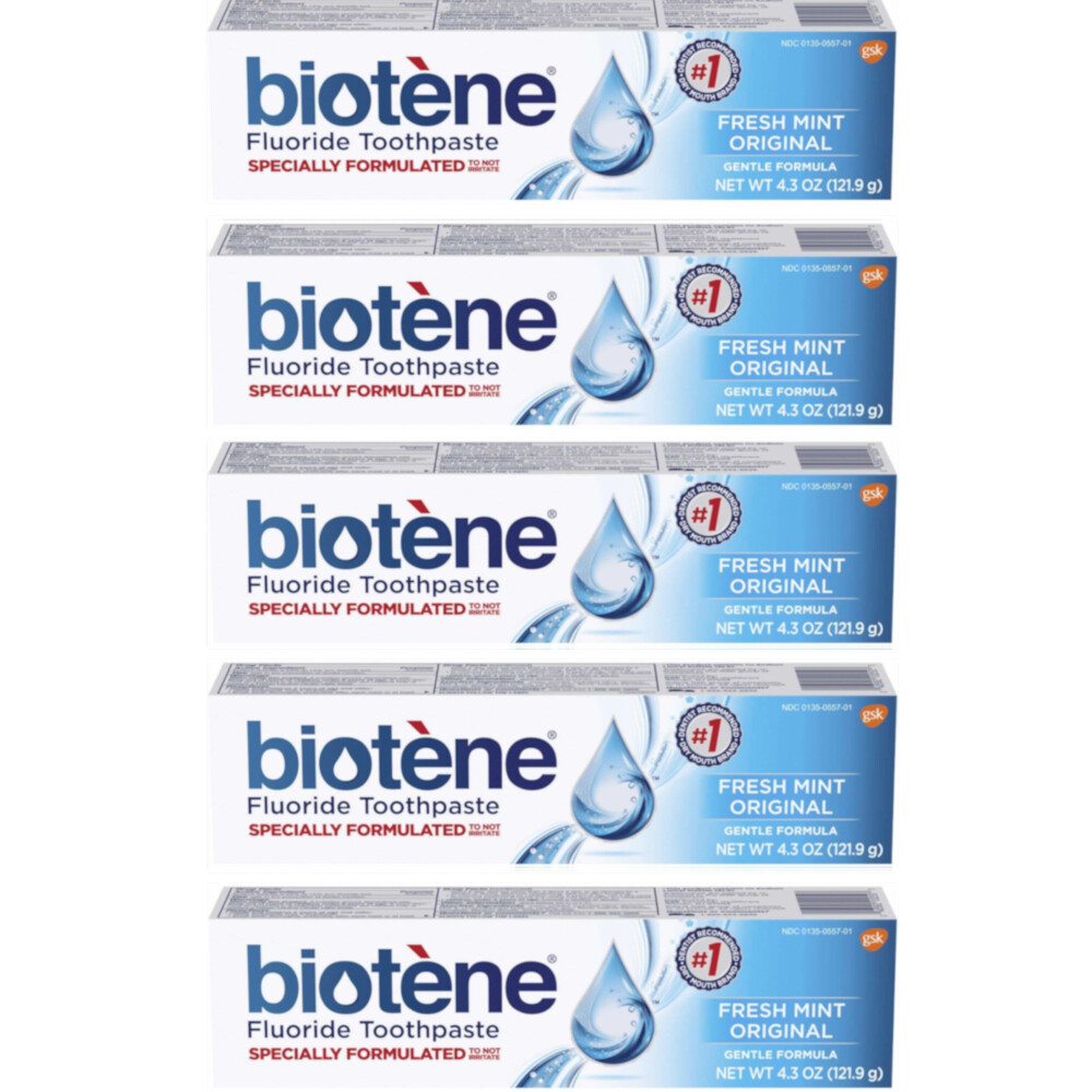 5 Pack - Biotene Fluoride Toothpaste, Fresh Mint, Gentle Formula 4.3oz Each