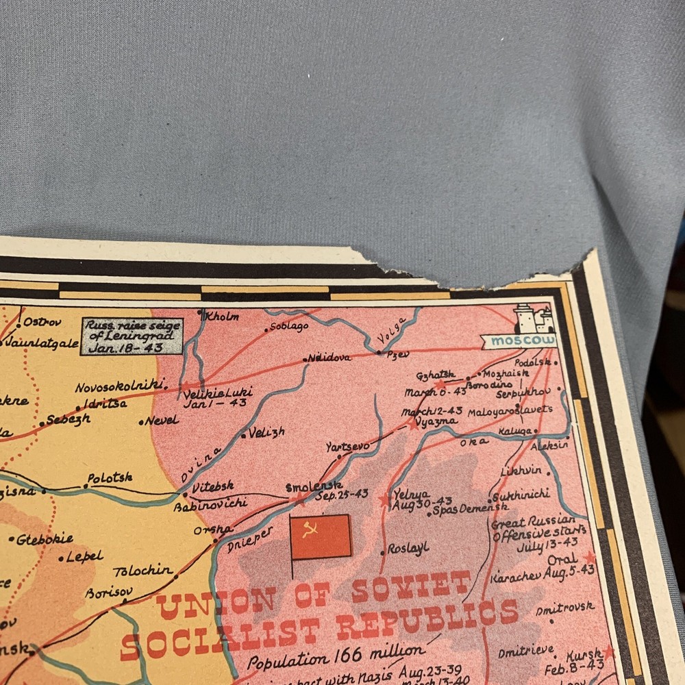 Vtg WWII War Map Invasion Dated Events