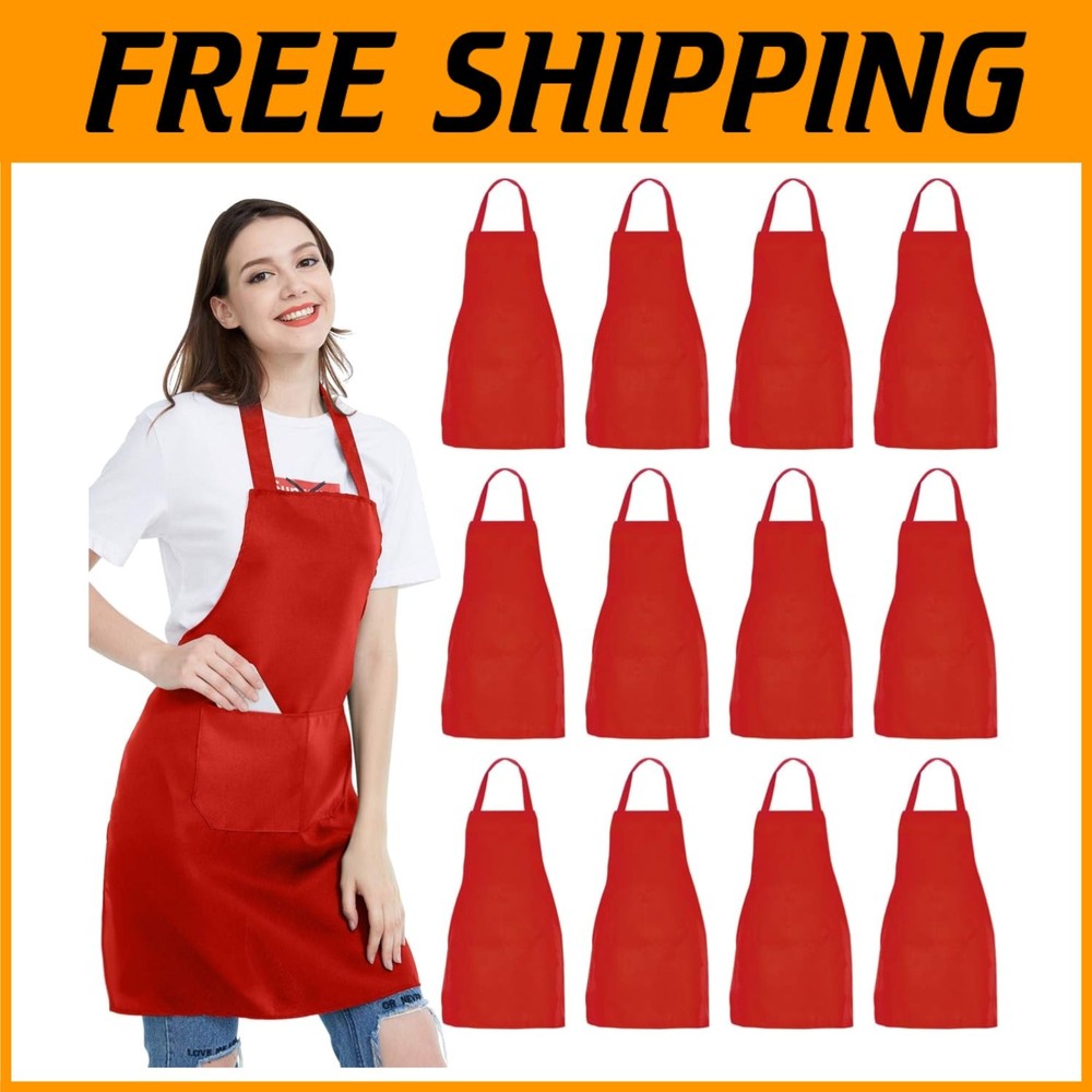 12 Pack Black Bib Apron Set - Unisex Aprons with Pockets