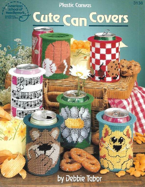 PLASTIC CANVAS CUTE CAN COVERS 13 CUTE DESIGNS