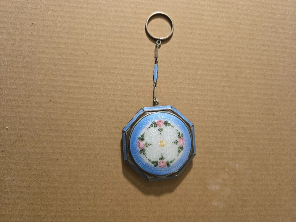 Old Enamel Sterling Silver Round Compact Powder Box, handpainted