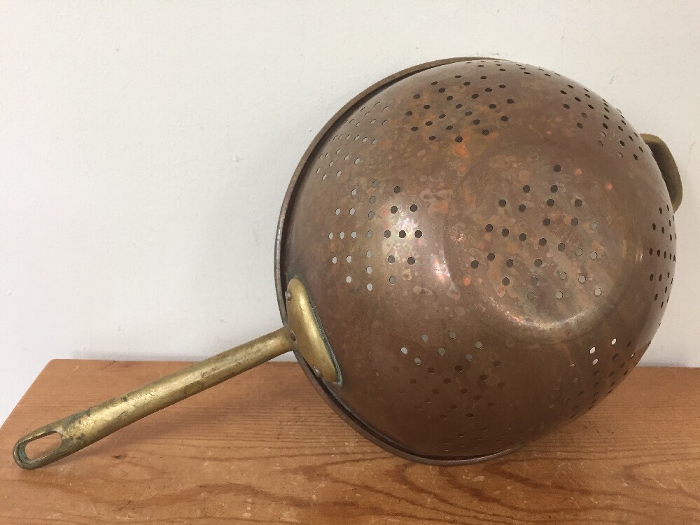 Vintage Antique Solid Copper Water Strainer Colander With Solid Brass Handles