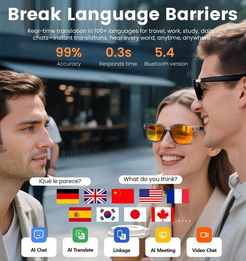 Smart Glasses with Night Vision, Bluetooth 5. 4, 100 Languages Blue Light Filter