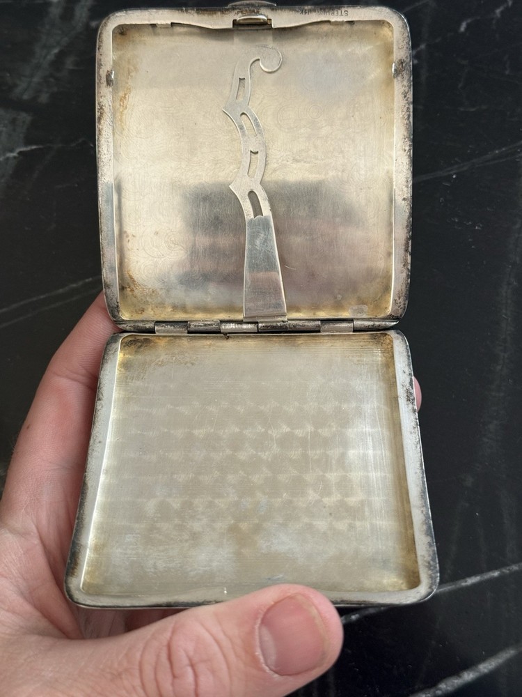 Solid Sterling Silver & 14K Gold Inlay Antique Cigarette Case 90 Grams