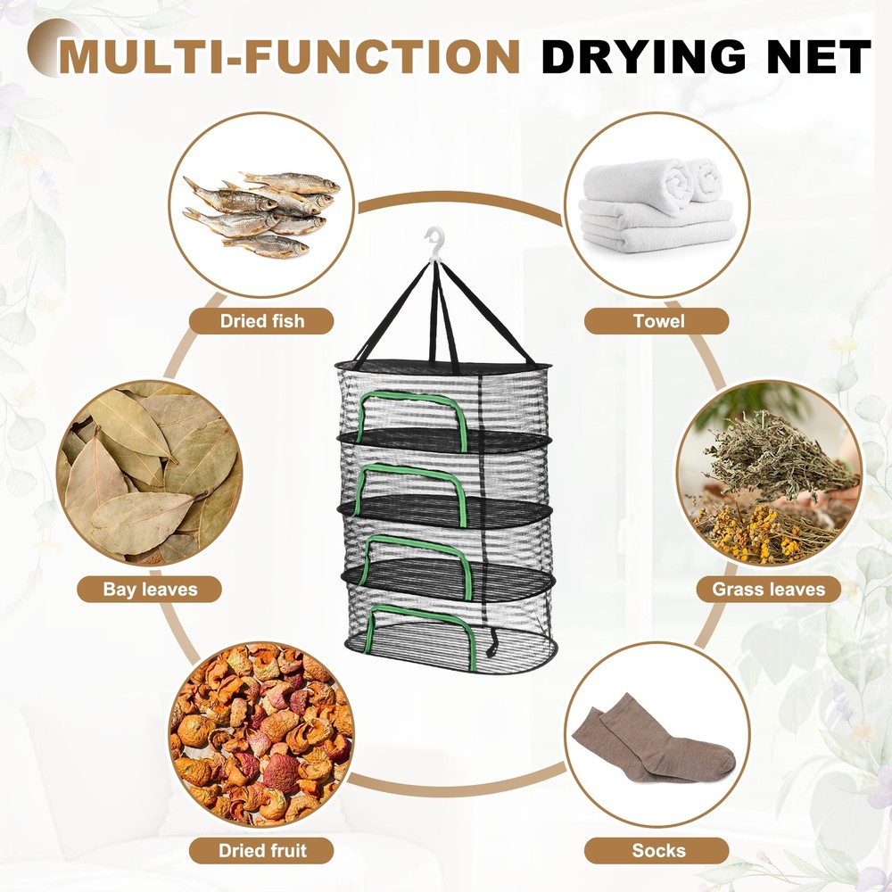Herb Drying Rack, 24" 4-Layer Hanging Drying Mesh Net, Black