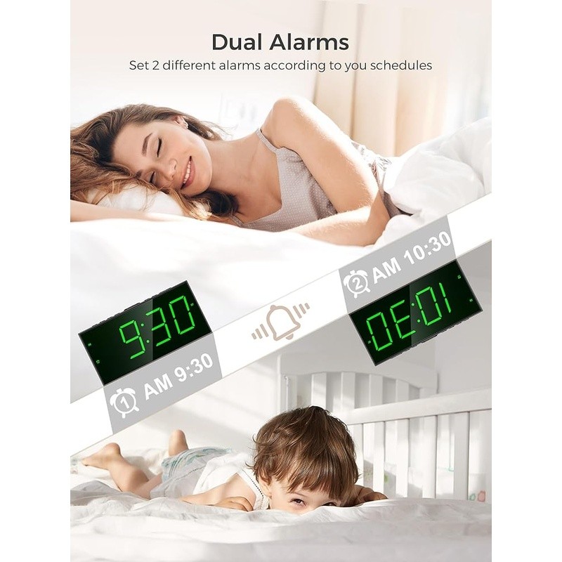 Dual Alarm Clock W/ USB Charger Large Display Adjustable Volume & Brightness