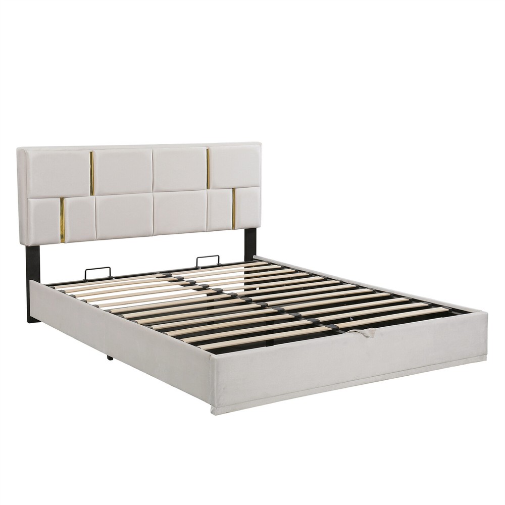 Queen Size Upholstered Platform Bed Frame with Hydraulic Storage System