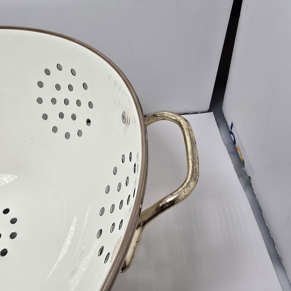 Vintage Cornucopia Enamel and Brass Colander/ Strainer Mixed Fruit Design
