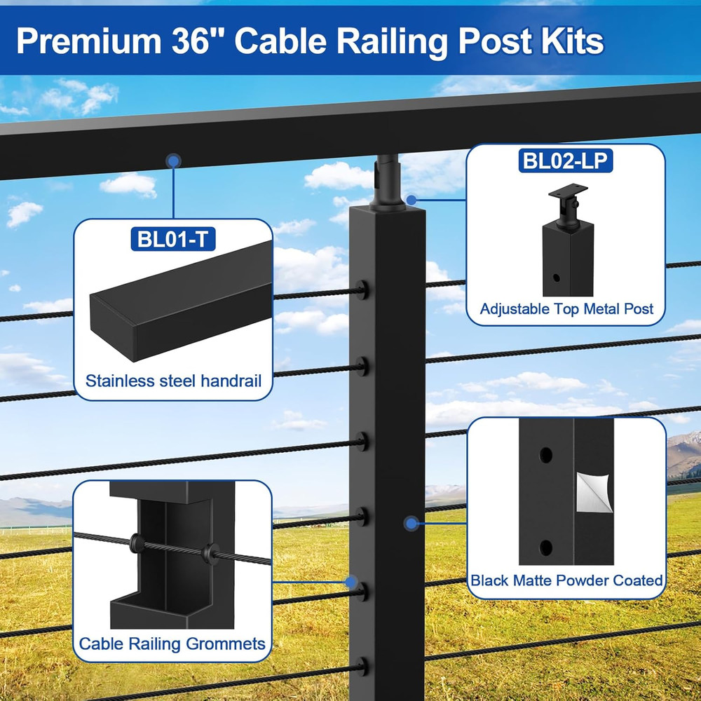 Complete Set 36" Cable Railing Post Kit, Black Surface Mount Adjustable Top Cabl