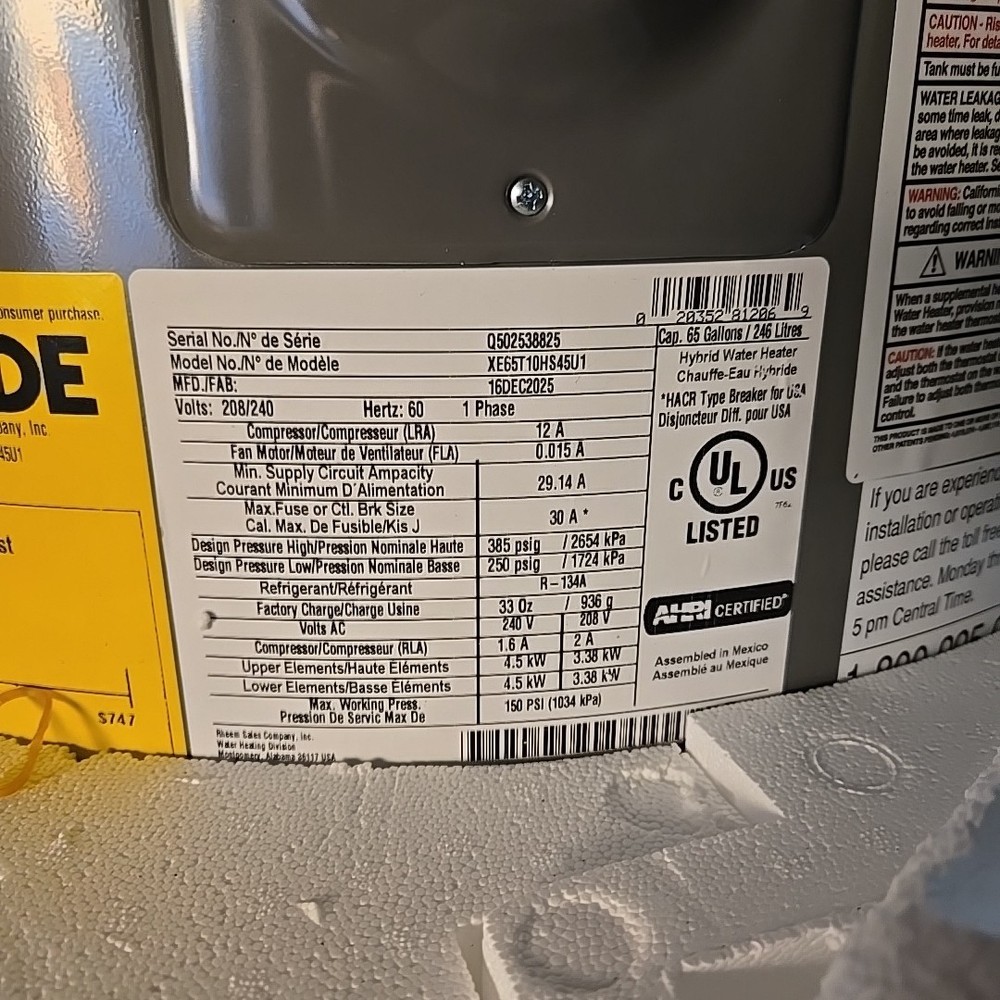 ProTerra 65gal Smart High Efficiency Hybrid Pump Water Heater XE65T10HS45U1