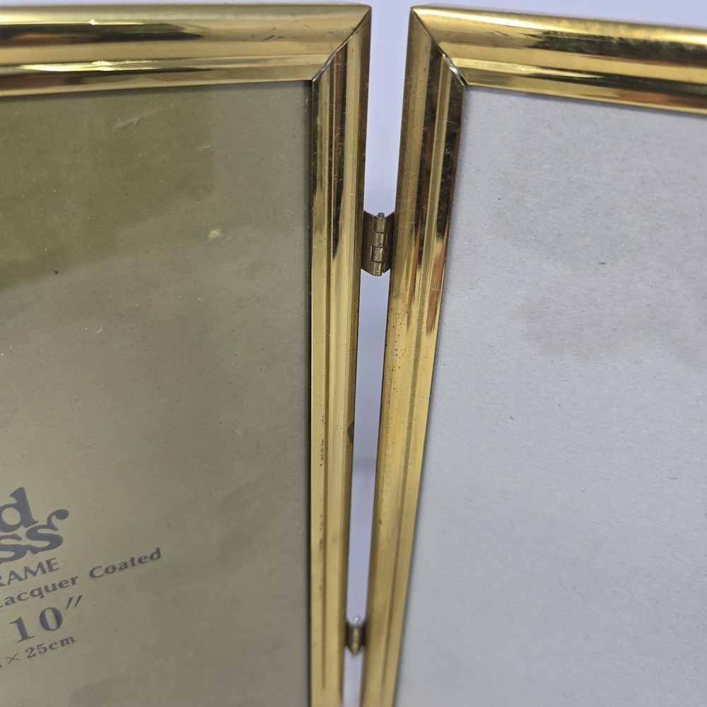 Solid brass lacquer coated polished double photo hinged frame 8x10" velvet back