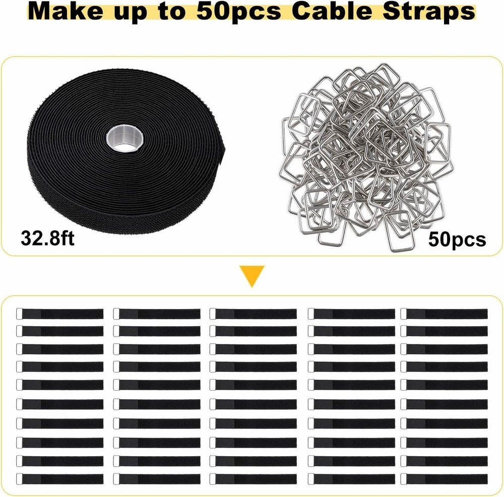 Durable Black Hook and Loop Straps - Adjustable & Reusable Cable Ties 50 Count