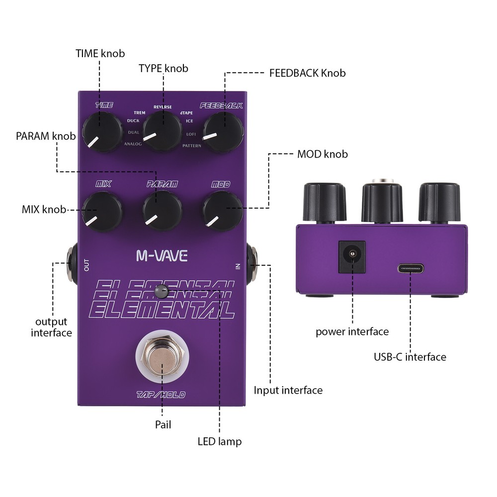 M-VAVE Electric Guitar ELEMENTAL Delay Effect Pedal 9 Delay Effects Type Metal