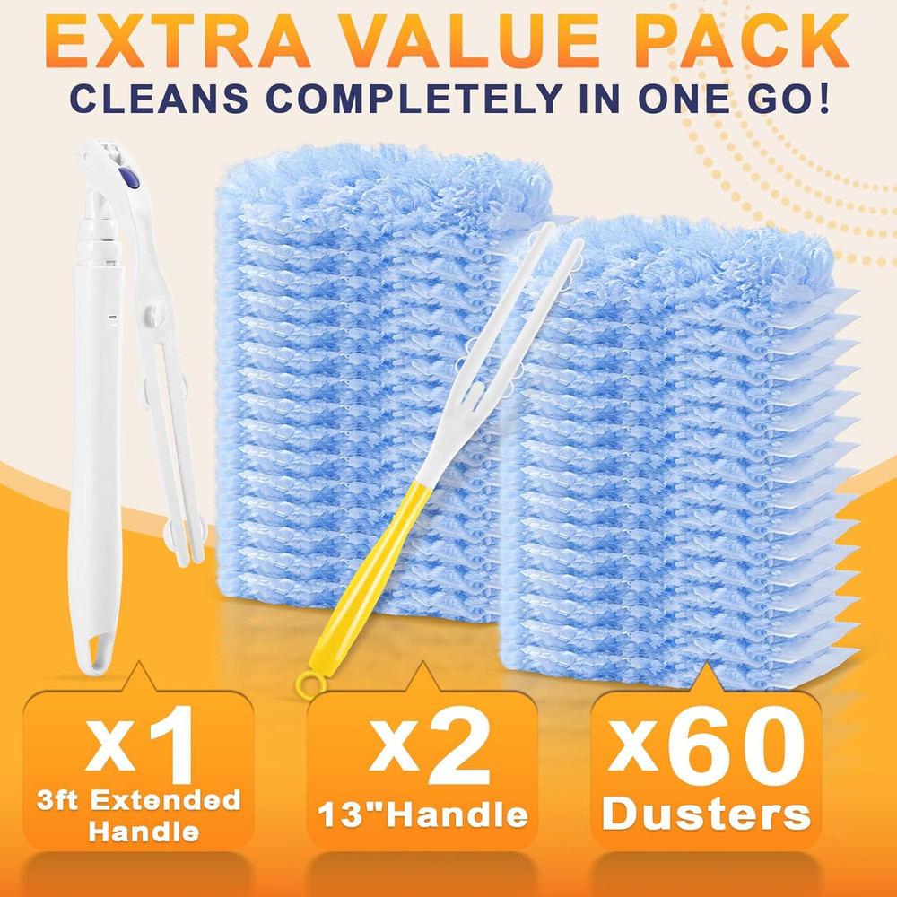 60-Pack Heavy Duty Duster Refills Compatible with Swiffer, 3FT Extendable Handle