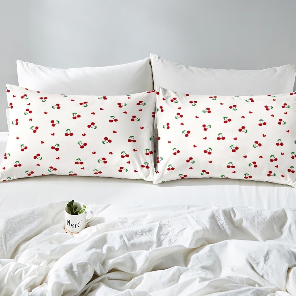 Kids Red Cherry Fitted Sheet Queen Size, Cherry Pattern Bed Sheet Set Boys Gi...