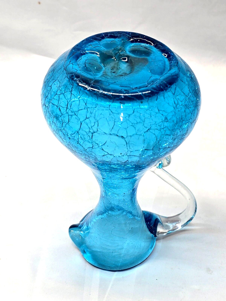 Pilgrim Crackle Art Glass Pitcher 7" Blue Applied Handle Vintage