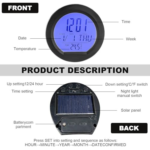 Car Digital Thermometer Clock, Solar Powered Dashboard Clock Solar Smart Clock