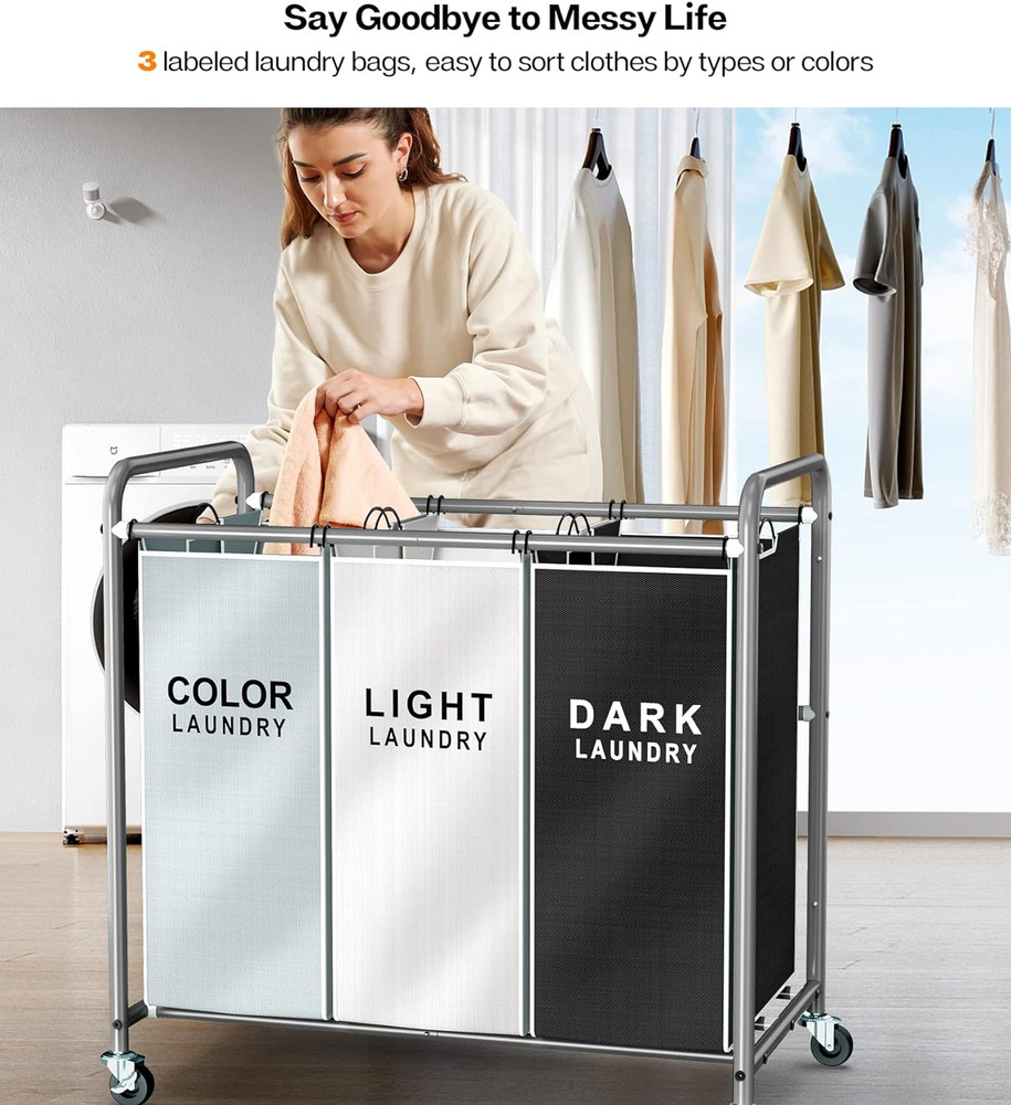 Laundry Sorter Hamper 3 Section, Divided Laundry Basket Organizer with Heavy Dut