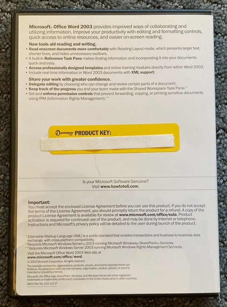 Microsoft Office Word 2003, Installation CD, Product Key & Case