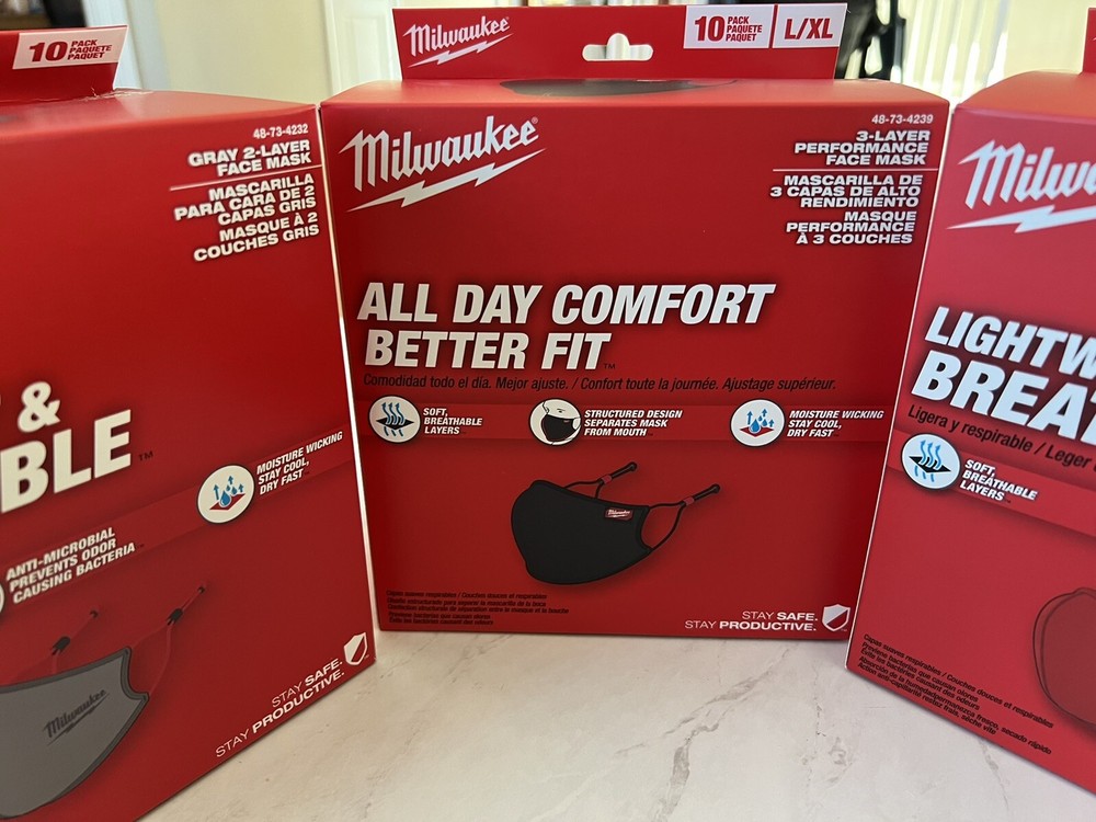 Milwaukee Face Mask 30 Pack. Black, Red, Grey 10 Pack Each