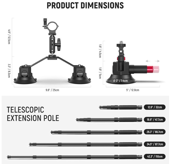 Triple Suction Cup Car Mount Kit with Extension Pole & Camera Adapter, CA065