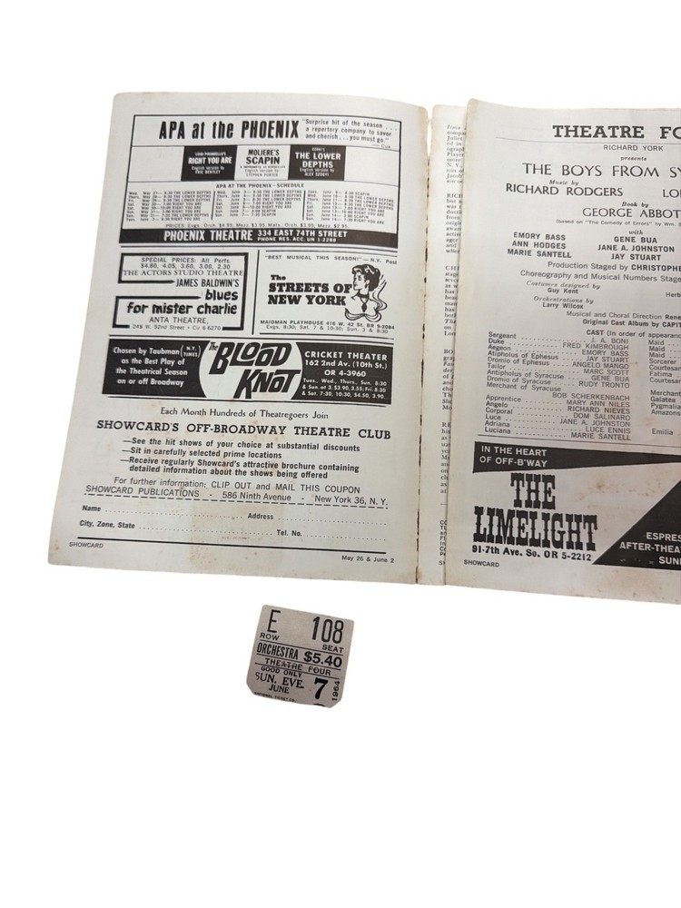 Boys From Syracuse 1964 Showcard Program + Ticket Stub