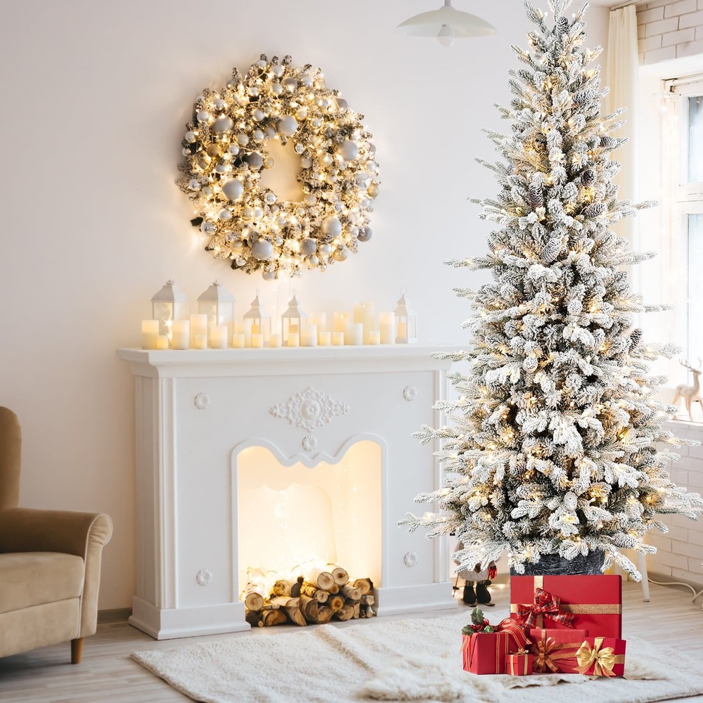 4.5Ft Pre-lit Potted Christmas Tree Snow Flocked Small Artificial Tree&150 light