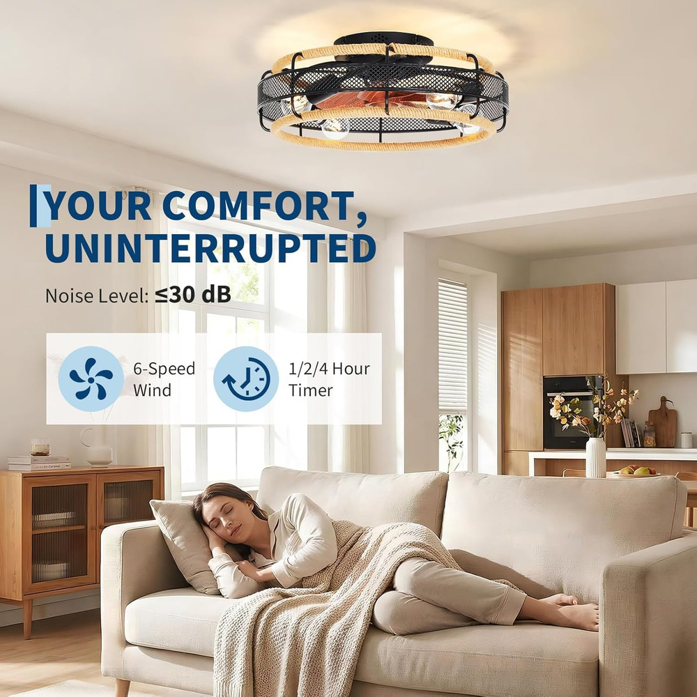 20'' Flush Mount Caged Ceiling Fan, Boho Flush Mount Ceiling Fan with Light with