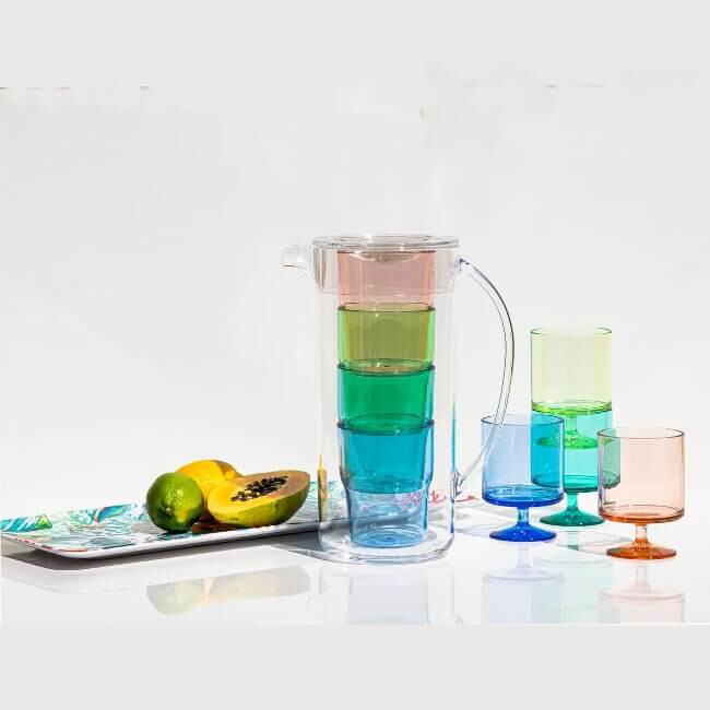 TarHong Simple Stacked Nested Pitcher & Colored Glass Set, Blue
