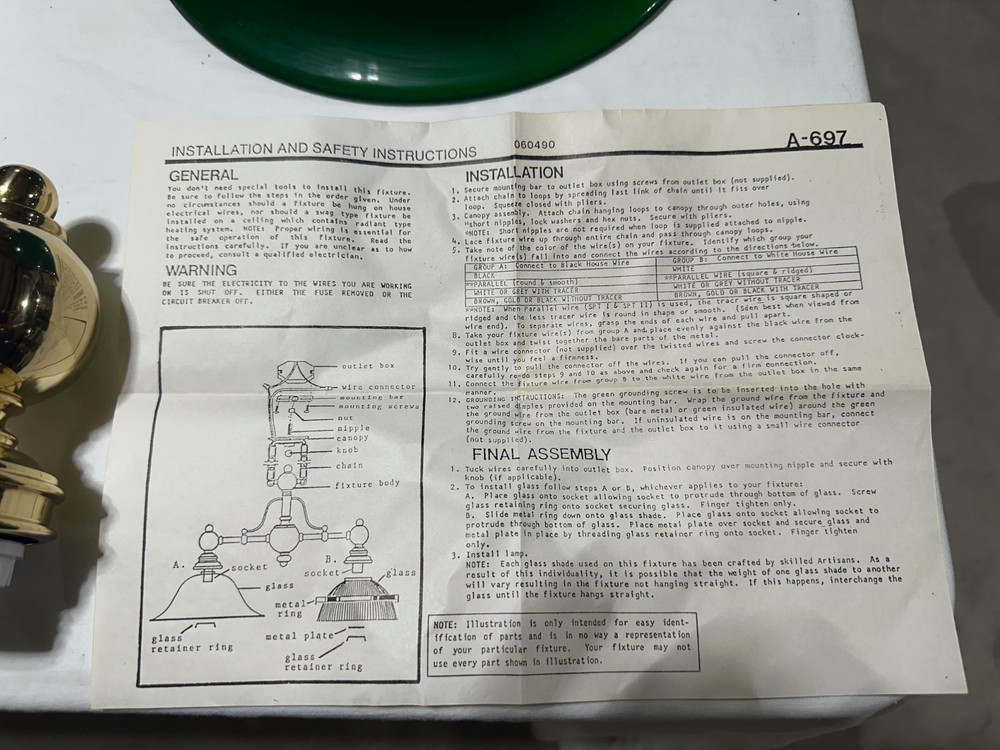 Brass 3 light Pool Table Light - Never hung, open box missing canopy and chain.